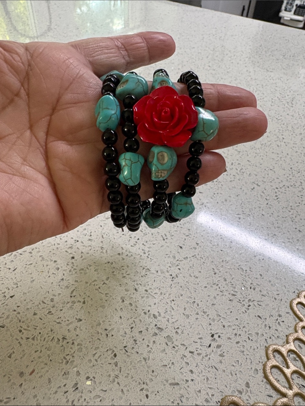 Turquoise Bead Bracelet Set with Red Rose Accent
